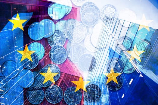 brexit concept - UK economy after Brexit deal - double exposure of flag and Canary Wharf business center skyscrapers