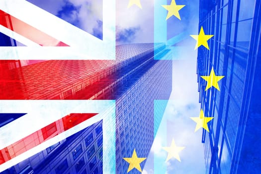 brexit concept - UK economy after Brexit deal - double exposure of flag and Canary Wharf business center skyscrapers