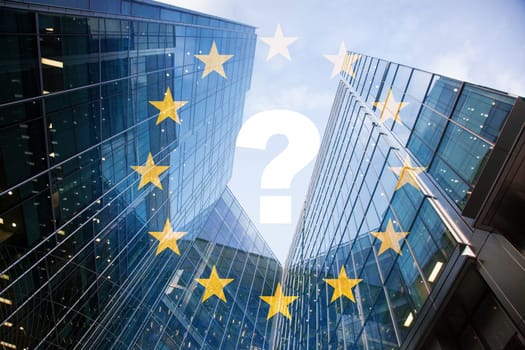 brexit concept - UK economy after Brexit deal - double exposure of flag and Canary Wharf business center skyscrapers
