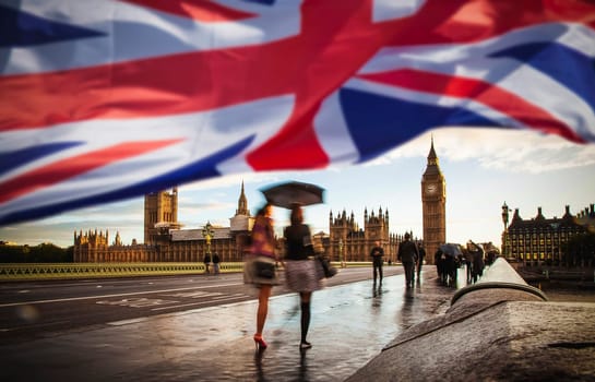 brexit concept - double exposure of flag and Westminster Palace with Big Ben