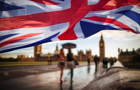 brexit concept - double exposure of flag and Westminster Palace with Big Ben