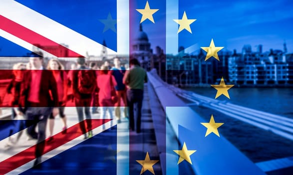 brexit concept double exposure of flag and people walking on Millenium bridge