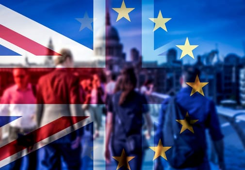 brexit concept - double exposure of flags and people walking on Millenium Bridge