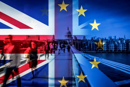 brexit concept - double exposure of flags and people walking on Millenium Bridge