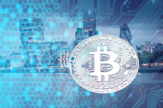 bitcoin against skyscrapers - futuristic smart city - cryptocurrency concept