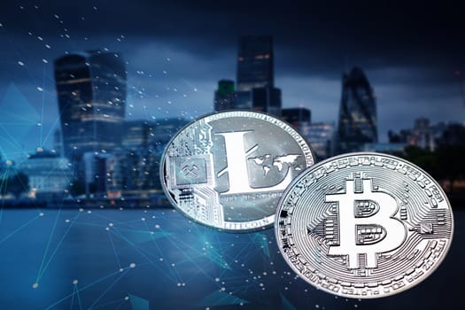 bitecoin, litecoin, ethereum against skyscrapers - futuristic smart city - cryptocurrency transactions concept