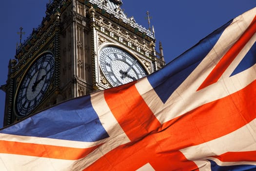 brexit concept - double exposure of flag and Westminster Palace with Big Ben