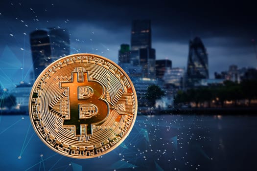bitcoin against skyscrapers - futuristic smart city - cryptocurrency concept