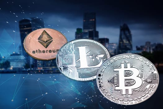 bitecoin, litecoin, ethereum against skyscrapers - futuristic smart city - cryptocurrency transactions concept