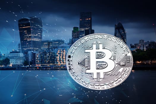 bitcoin against skyscrapers - futuristic smart city - cryptocurrency concept