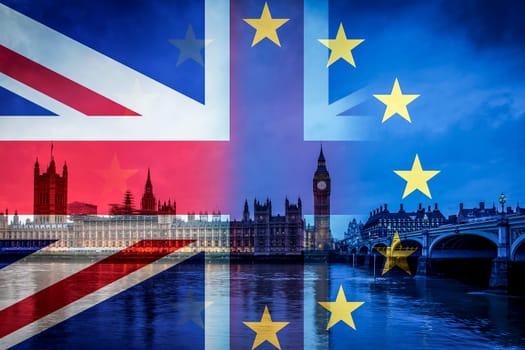brexit concept - double exposure of flag and Westminster Palace with Big Ben