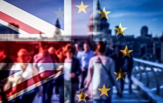 brexit concept - double exposure of flags and people walking on Millenium Bridge