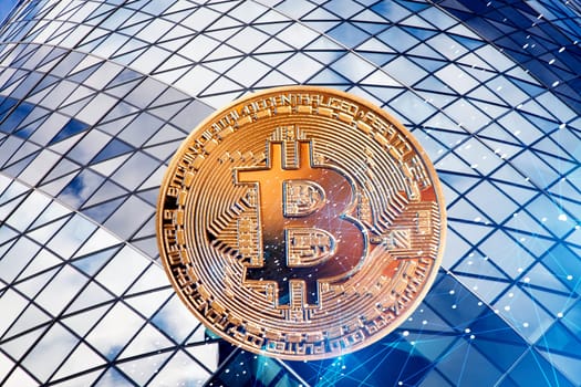 bitcoin against skyscrapers - futuristic smart city - cryptocurrency concept