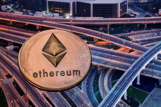 ethereum against skyscrapers - futuristic smart city - cryptocurrency concept