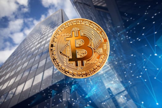 bitcoin against skyscrapers - futuristic smart city - cryptocurrency concept
