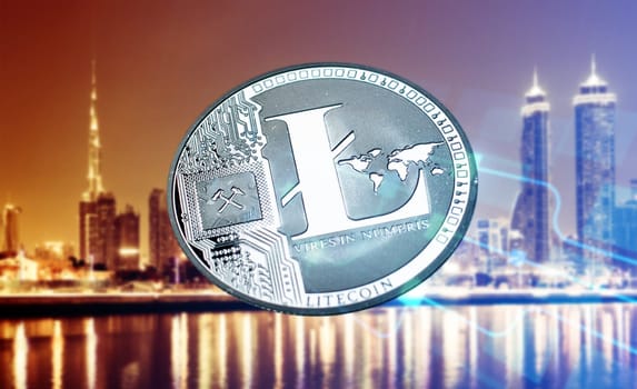 litecoin against skyscrapers - futuristic smart city - cryptocurrency concept