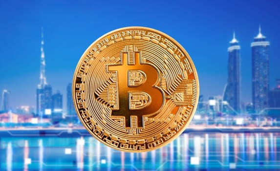 bitcoin against skyscrapers - futuristic smart city - cryptocurrency concept