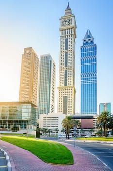 View of Al Yaqoub Tower and surrounding skyscrapers in Dubai, UAE