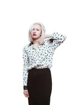 portrait blonde albino girl in studio on white background.