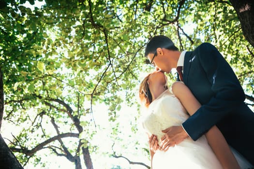 bride and groom on background summer forest.