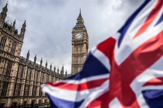 brexit concept - double exposure of flag and Westminster Palace with Big Ben