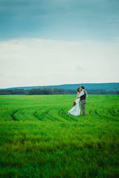 bride and groom stand on the background of the field.