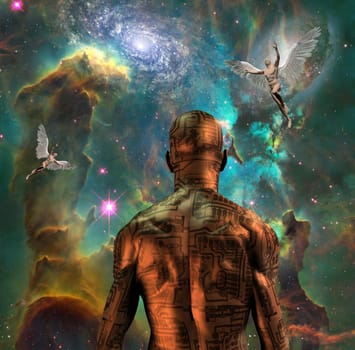 Surreal digital art. Cyborg with electric circuit pattern on his skin stands before nebula in deep space. Naked men with wings represents angels. 3D rendering