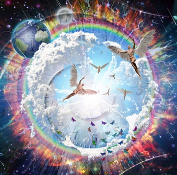 Vivid galaxy. Winged men represents angels. 3D rendering