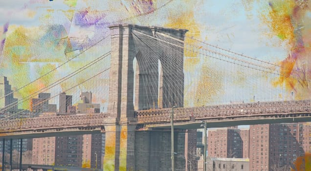Modern art. Brooklyn bridge, view on downtown.