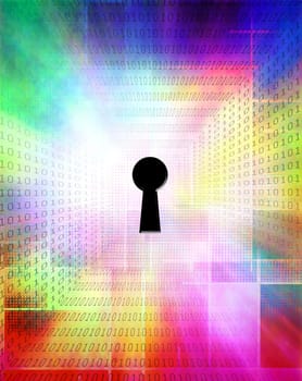 Modern art. Keyhole and binary code on a background.