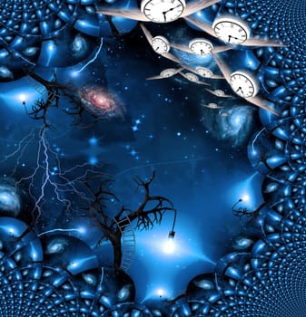 Surreal dimensions. Old tree with one light bulb on a branch. Universe. Winged clocks represents flow of time.