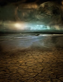 Surreal painting. Desert shore and the sea.