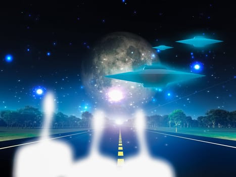 Aliens and their spacecraft on roadway in country