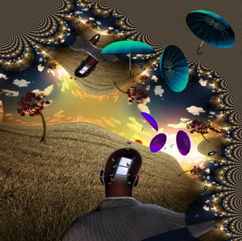 Umbrellas blow through bizarre landscape