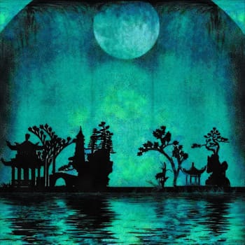 Asian night silhouettes. Water reflections
