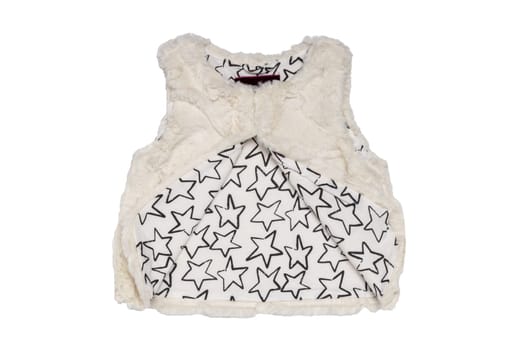 Fur vest. White fur vest for child girls for spring isolated on a white background. Child fashion.