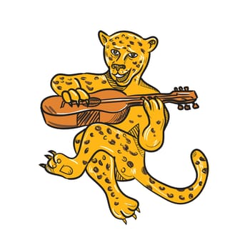 Cartoon style illustration of a happy jaguar or leopard playing an acoustic guitar while being seated or sitting down done in full color on isolated background.