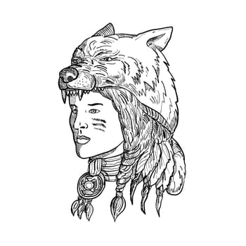 Drawing sketch style illustration of a native American woman wearing a wolf headdress, headgear or headwear looking to side in black and white on isolated background.