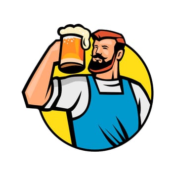 Mascot icon illustration of bust of a bearded hipster toasting a mug of beer or ale set inside circle viewed from front on isolated background in retro style.