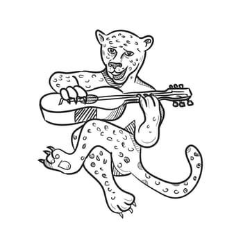 Cartoon style illustration of a happy leopard playing an acoustic guitar while sitting down done in black and white on isolated white background.