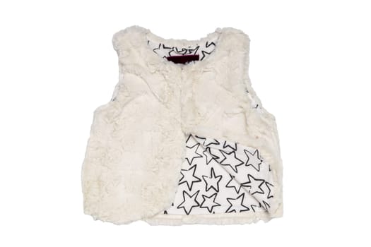 Fur vest. White fur vest for child girls for spring isolated on a white background. Child fashion.