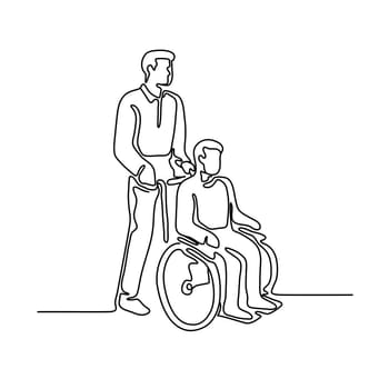 Continuous line illustration of a hospital patient or disable person with handicap sitting or being push on wheelcahir by a male nurse done in monoline style.