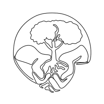 Continuous line illustration of a hand holding a tree on palm of hand set inside oval shape done in monoline style black and white.
