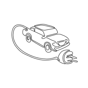 Continuous line drawing illustration of an electric vehicle, car or automobile with charging cable and plug coming out done in sketch or doodle style in black and white.