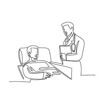 Continuous line illustration of doctor, surgeon or physician with patient on hospital bed done in monoline style in black and white.