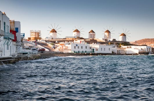 famous view  Traditional windmills on the island Mykonos, Greece