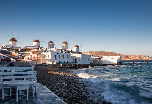 famous view  Traditional windmills on the island Mykonos, Greece