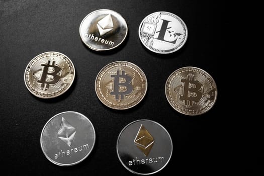 cryptocurrencies concept - bitcoin, litecoin, ethereum