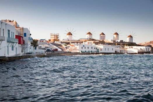 famous view  Traditional windmills on the island Mykonos, Greece