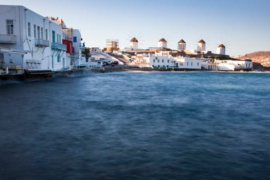 famous view  Traditional windmills on the island Mykonos, Greece